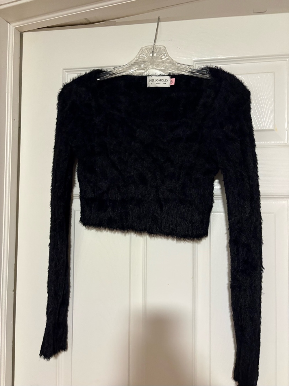HELLO MOLLY Black Fuzzy Long Sleeve Crop Top